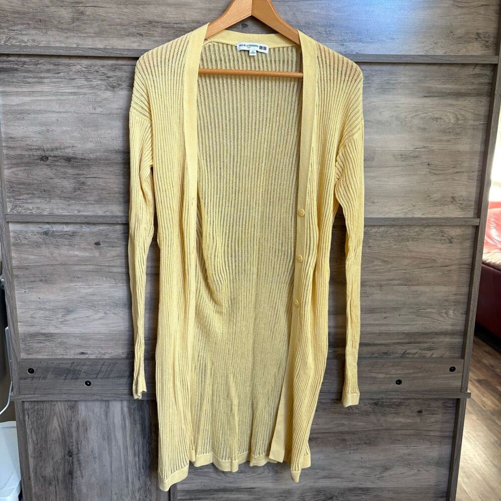 Inès de La Fressange Yellow Open Knit Long Cardigan M Boho Retro Artsy Luxury